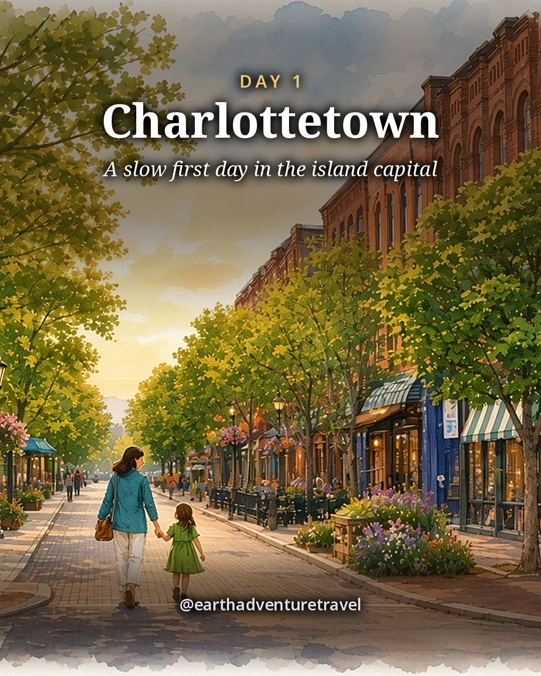 Illustration: a short pedestrian street of red-brick Victorian buildings with café patios, hanging flower baskets and leafy trees, a grandparent and child strolling past the tables, illustrated day card for Day 1