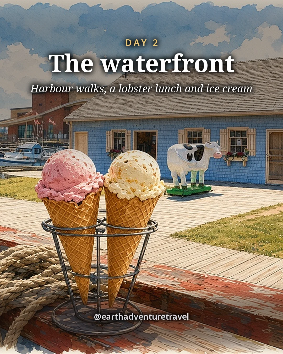 Illustration: two ice-cream cones resting on a boardwalk rail outside a small blue clapboard ice-cream shop, with picnic tables and sailboats in the harbour behind, illustrated day card for Day 2
