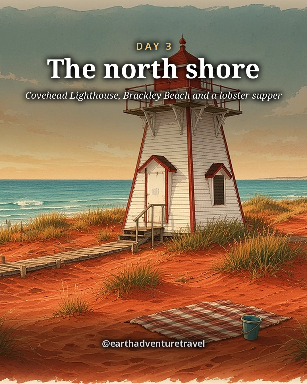 Illustration: a small white-and-red wooden lighthouse on sand dunes above the sea, with a picnic blanket and a child’s pail in the dune grass in front, illustrated day card for Day 3