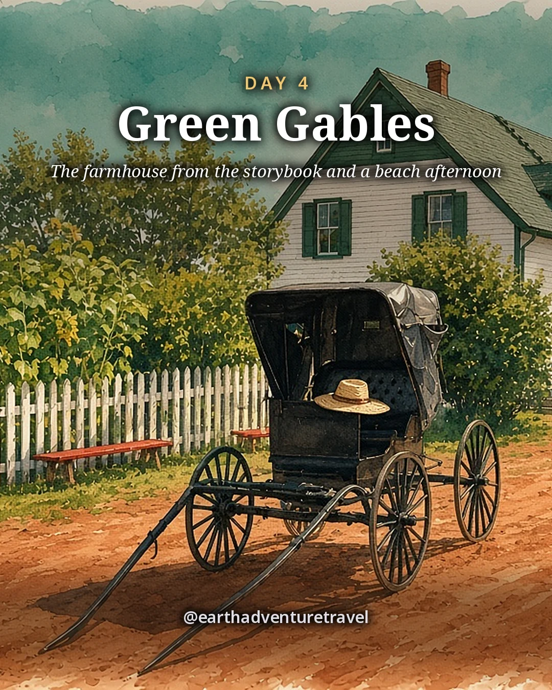 Illustration: a white farmhouse with green trim and gables behind a white picket fence, an old horse buggy and a straw hat on the dirt lane in front, summer trees, illustrated day card for Day 4
