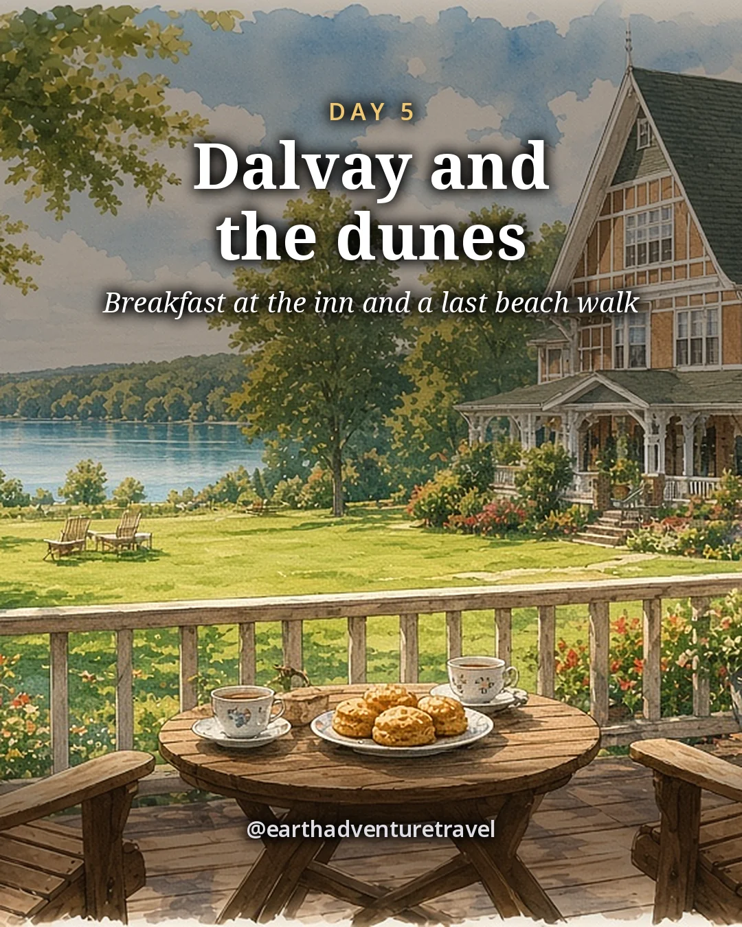 Illustration: a large Tudor-style seaside inn with a wide veranda and a lawn running down to a small lake, tall trees around it, illustrated day card for Day 5