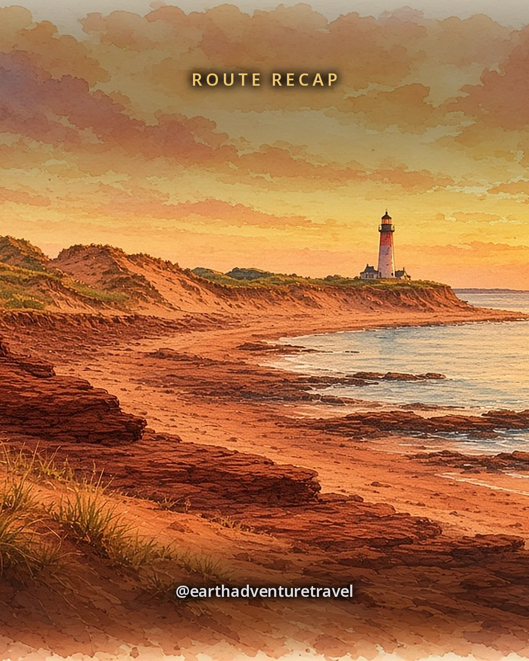 Illustration: low red cliffs and a red-sand beach curving away at sunset, a teal sea and a white lighthouse on a far point, original illustrated recap card