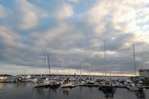 The marina off Queen’s Wharf in Charlottetown, with sailboats under a cloudy sky