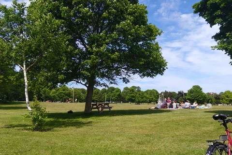 Victoria Park in Charlottetown, a wide green lawn under large shade trees with people picnicking