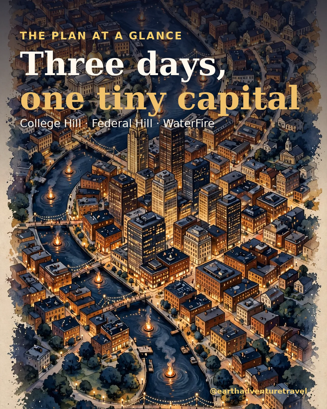 Providence trip plan graphic: three days, one tiny capital — College Hill, Federal Hill, WaterFire
