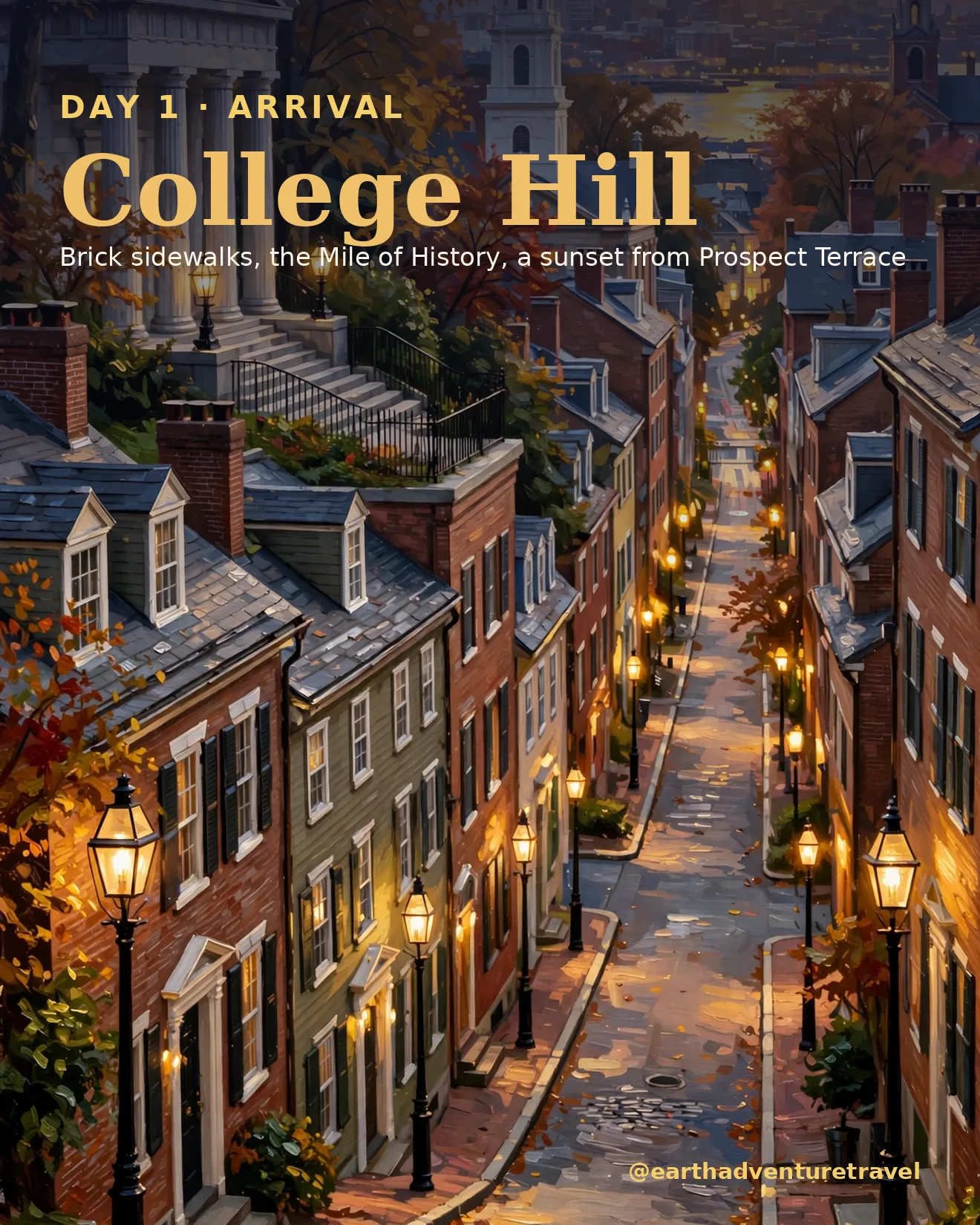 Day 1 itinerary card: Benefit Street's colonial houses at dusk