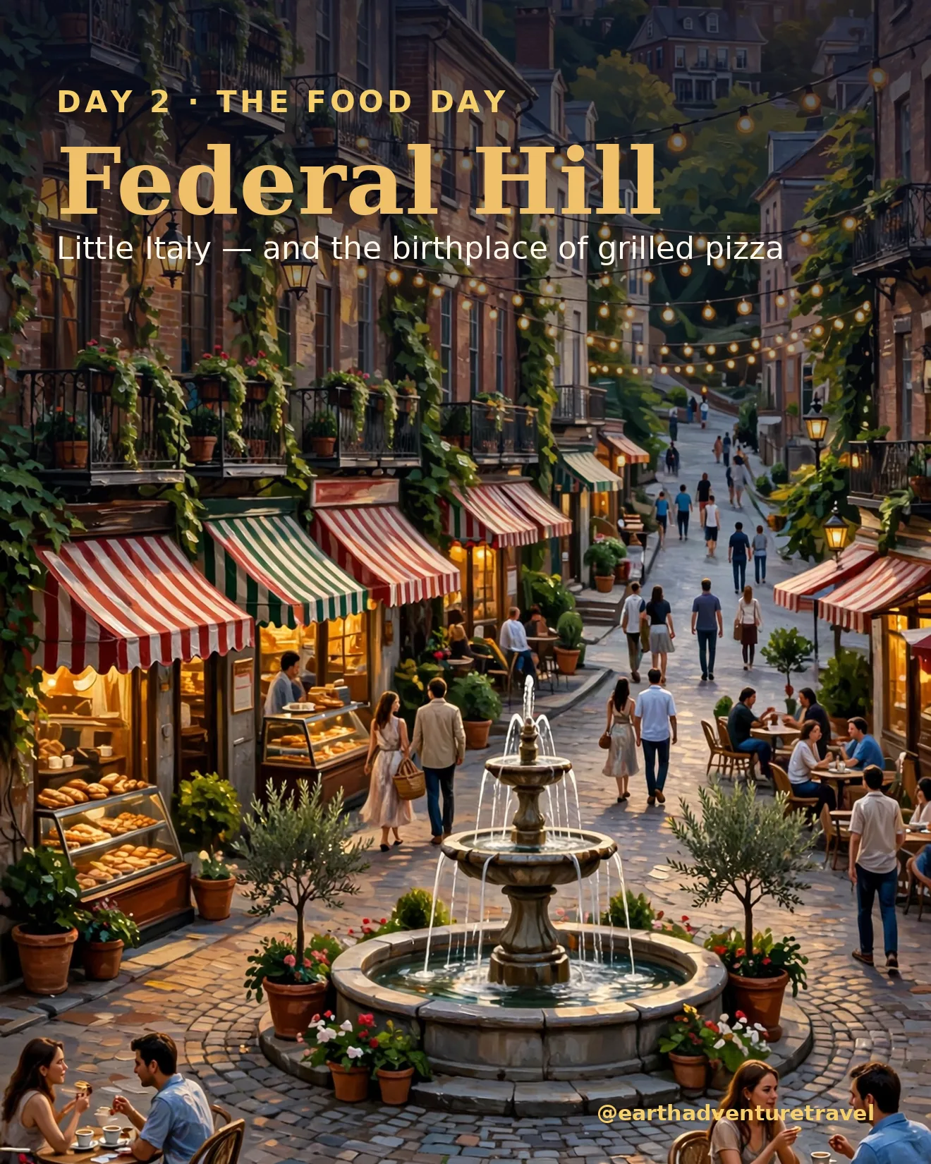 Day 2 itinerary card: Federal Hill's Italian piazza at golden hour