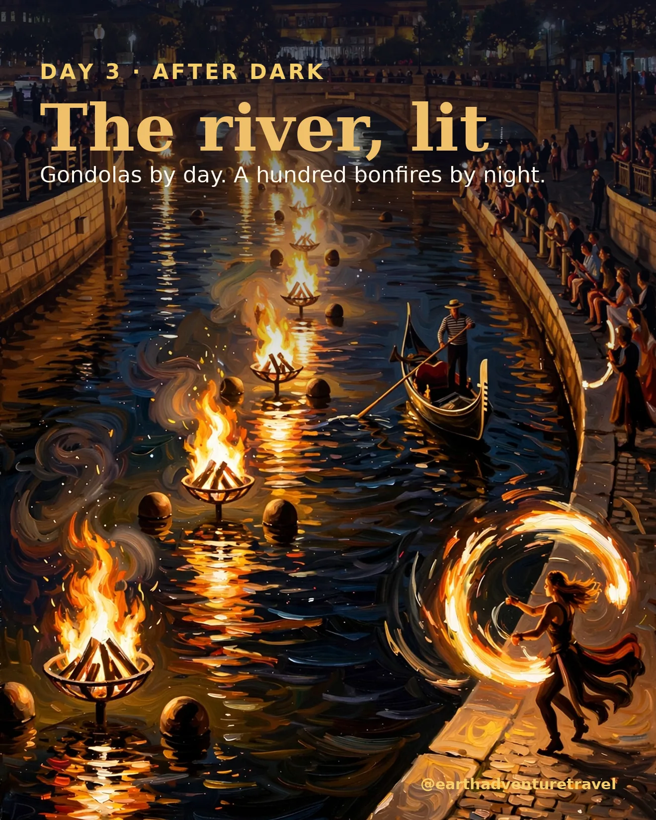 Day 3 itinerary card: WaterFire bonfires on the river at night