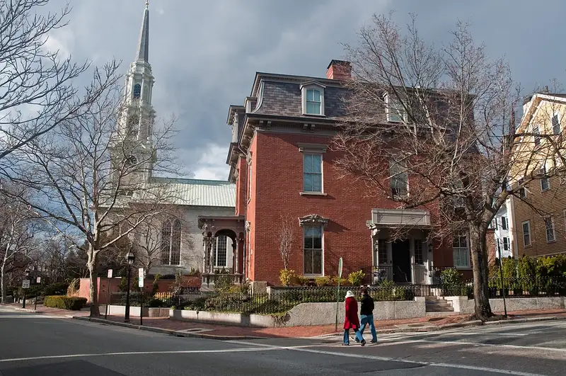 The First Unitarian Church and a brick townhouse on Benefit Street, Providence