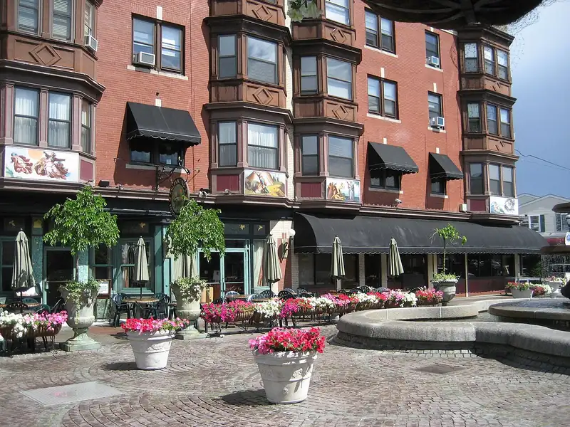 DePasquale Plaza on Federal Hill: cobblestone piazza, fountain, and restaurant terraces