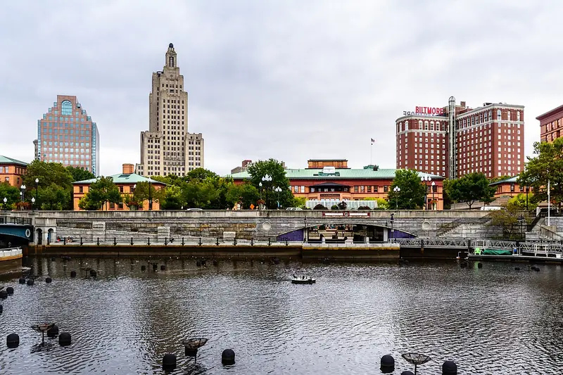 Waterplace Basin with the Providence skyline behind the WaterFire braziers