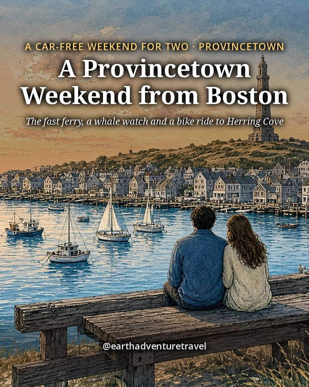 Illustration: the cover for 3 Days in Provincetown from Boston, a couple seen from behind sitting close on the railing at the end of a long wooden town pier at golden hour, fishing boats and sailboats moored in the calm harbor, shingled and white clapboard houses along the shore and a slender granite tower on the hill