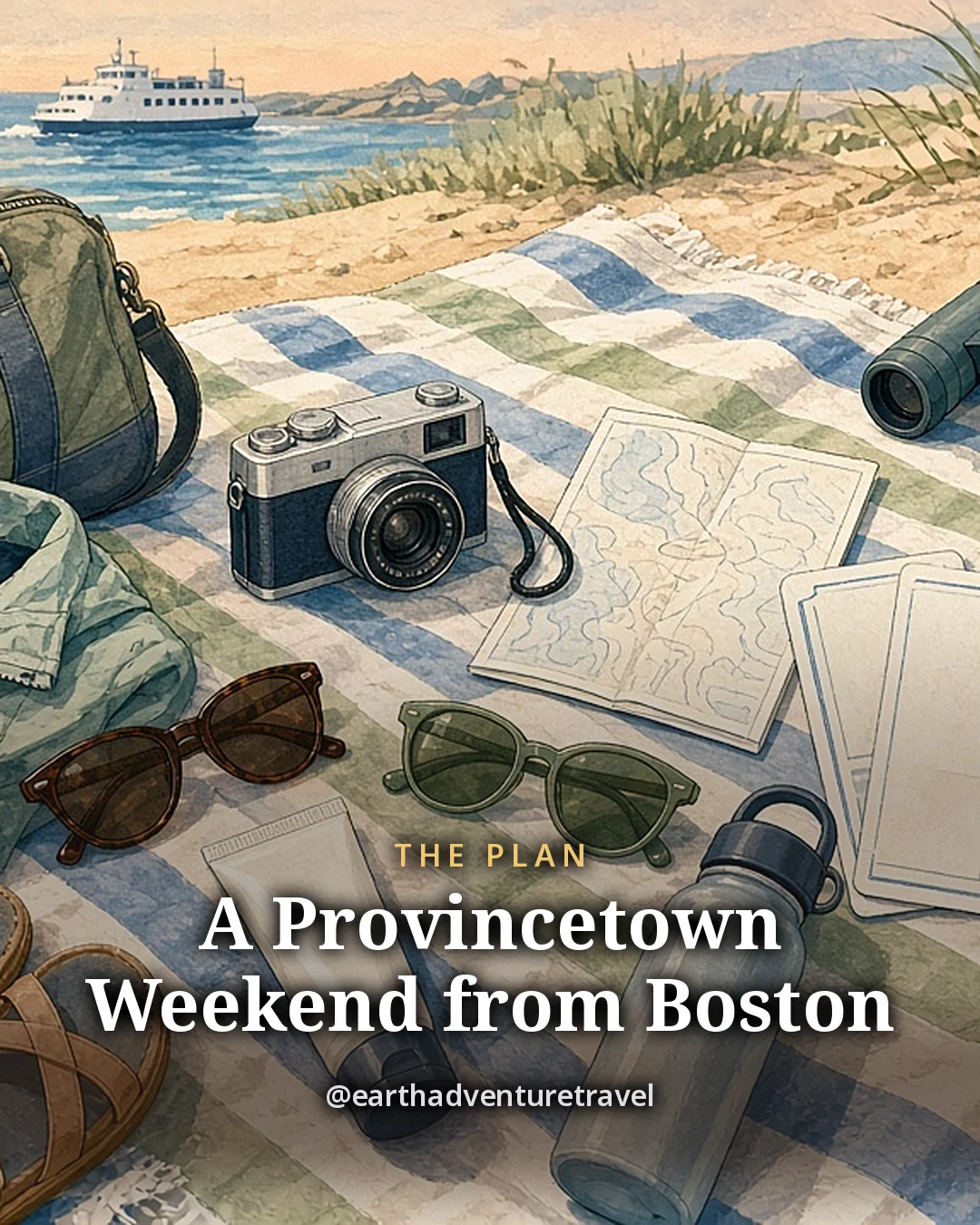 Illustration: a couple’s car-free weekend kit on a sun-faded striped beach towel, a soft duffel bag, a light windbreaker, two pairs of sunglasses, sandals, a water bottle, a compact camera, a folded paper map, two blank ferry boarding passes, a paper bag of sweet bread rolls and small binoculars, original illustrated plan card for 3 days in Provincetown
