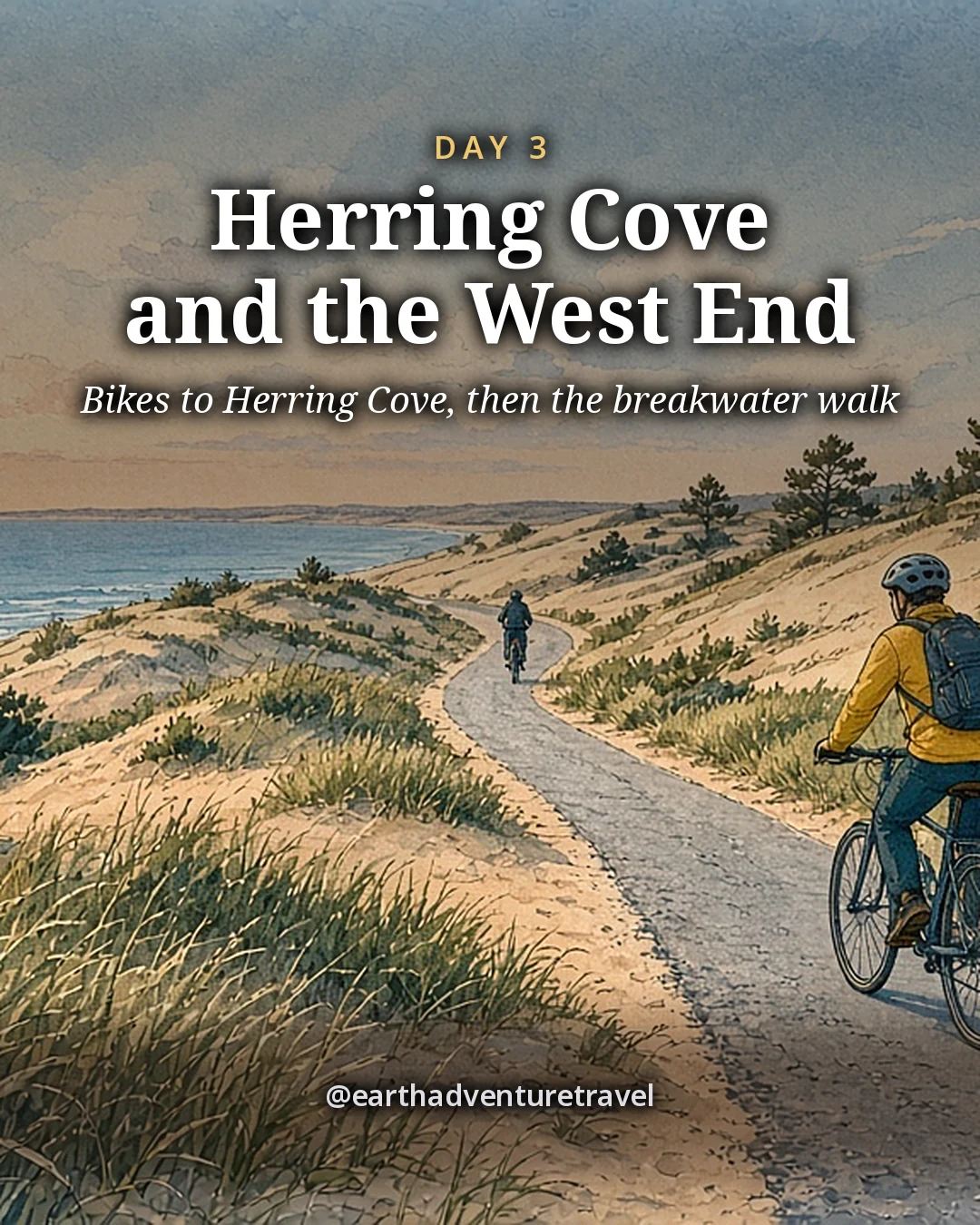 Illustration: one person on a bicycle on a narrow paved path winding over tall sand dunes covered in beach grass and low pines, the open ocean glittering beyond and a second rider small and far ahead, illustrated day card for Day 3