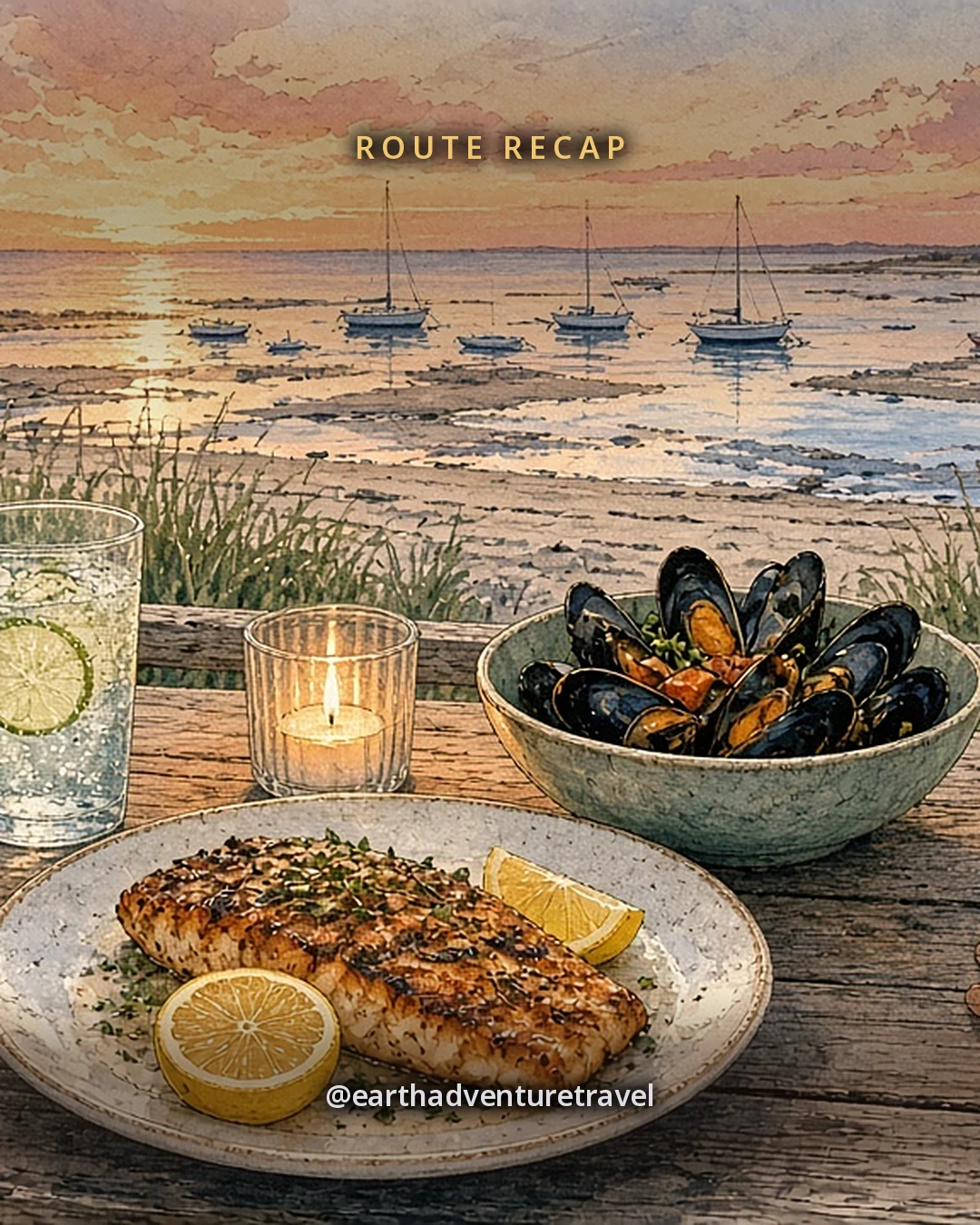 Illustration: dinner for two on a deck at the edge of the harbor beach at sunset, grilled fish with lemon, a bowl of steamed mussels, two glasses of sparkling water and a candle, two hands resting on the table, moored boats and the harbor glowing apricot and pink behind, original illustrated recap card