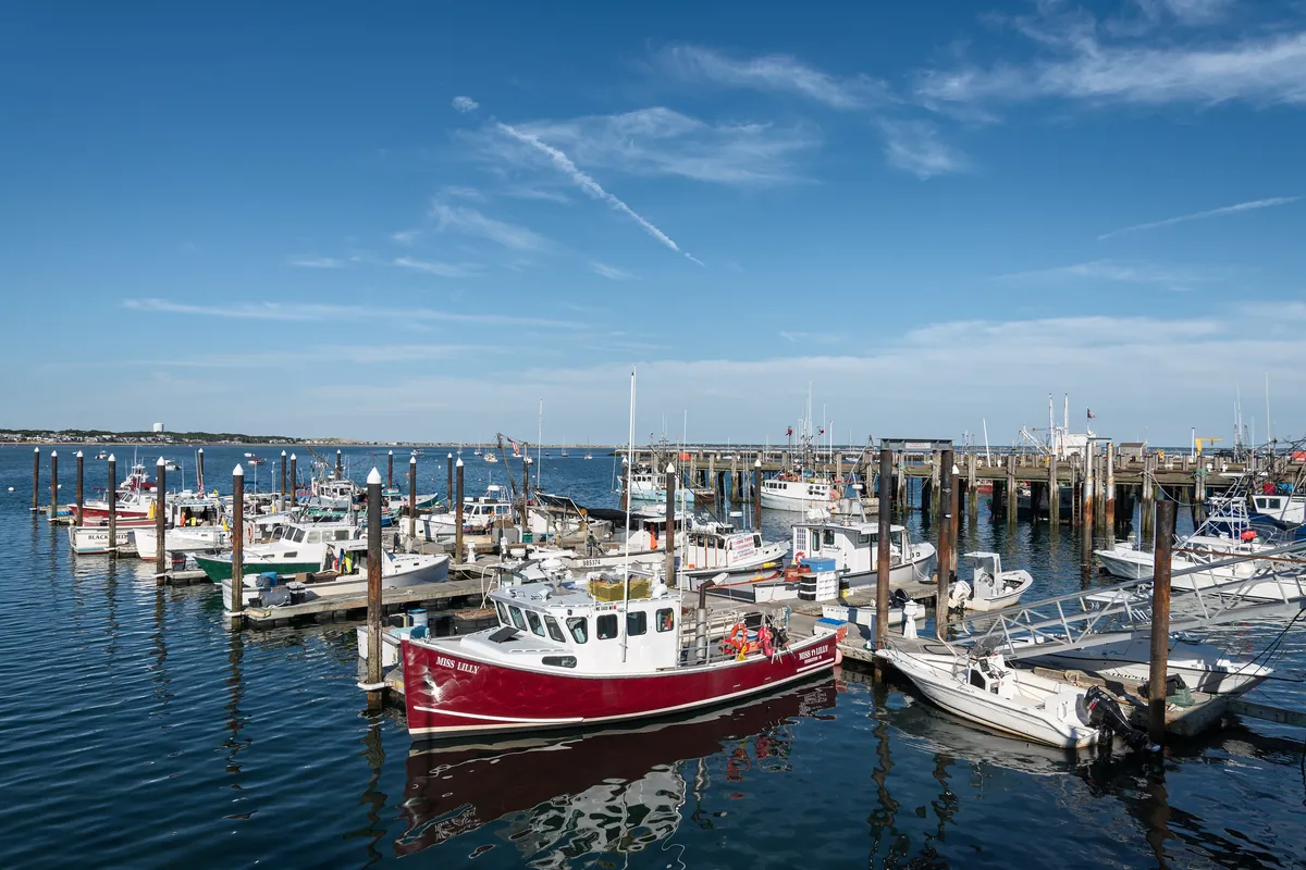 MacMillan Pier reaching into Provincetown Harbor with boats tied alongside