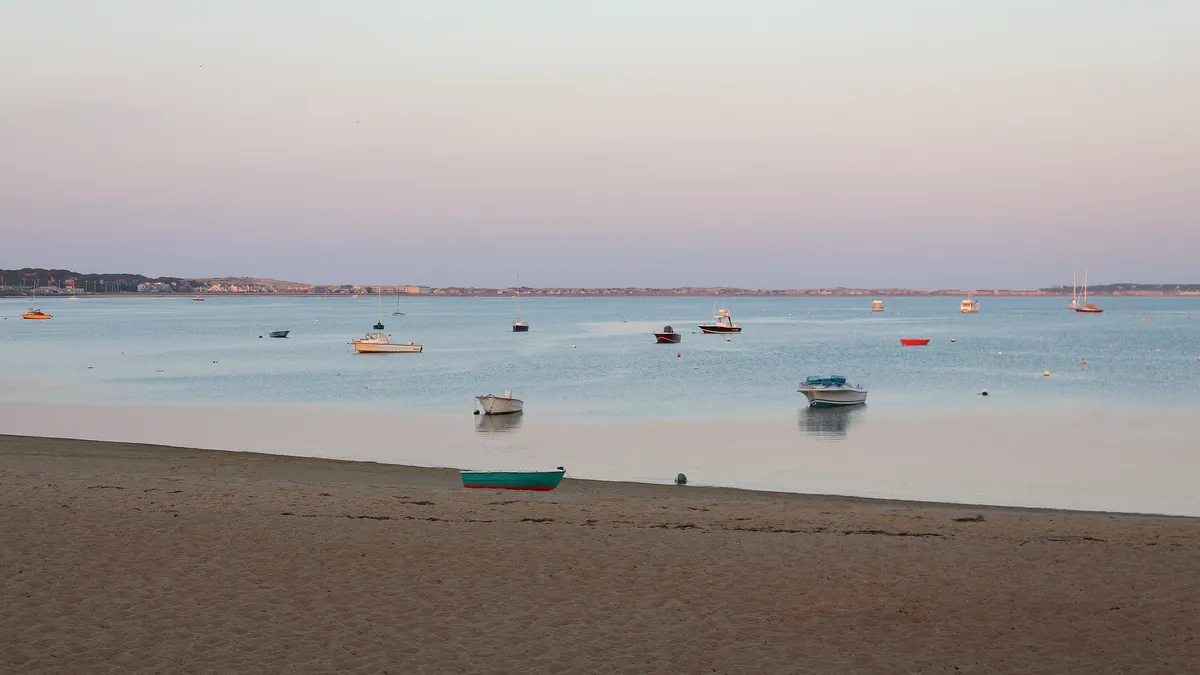 Provincetown Harbor with moored boats and the low town along the shore under a wide sky