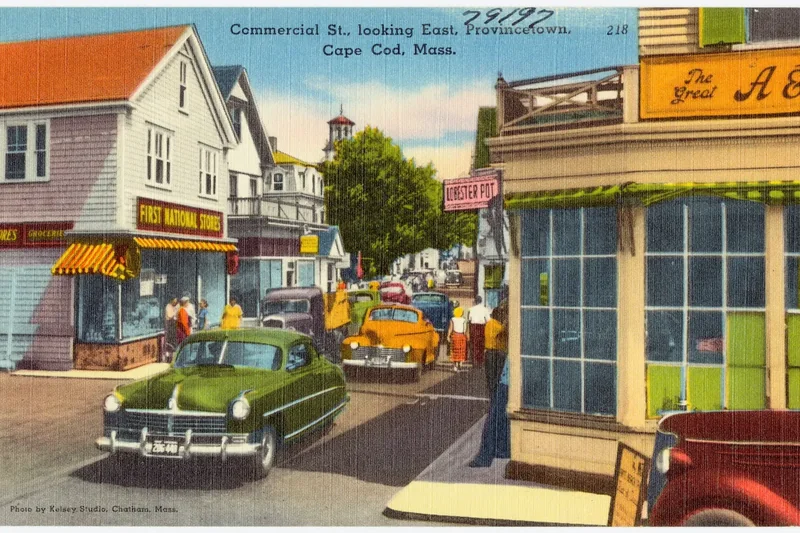 An old postcard view of Commercial Street in Provincetown looking east