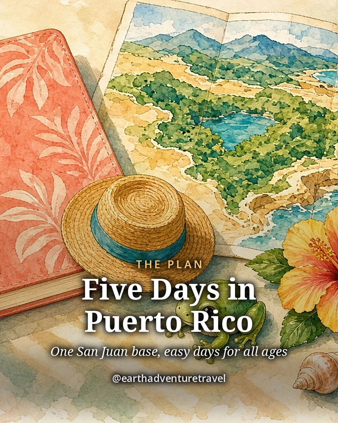 Illustration: a coral notebook, an open map of Puerto Rico’s green coast, a straw hat, a hibiscus flower, a little green frog and a seashell on a sunny table, original illustrated plan card