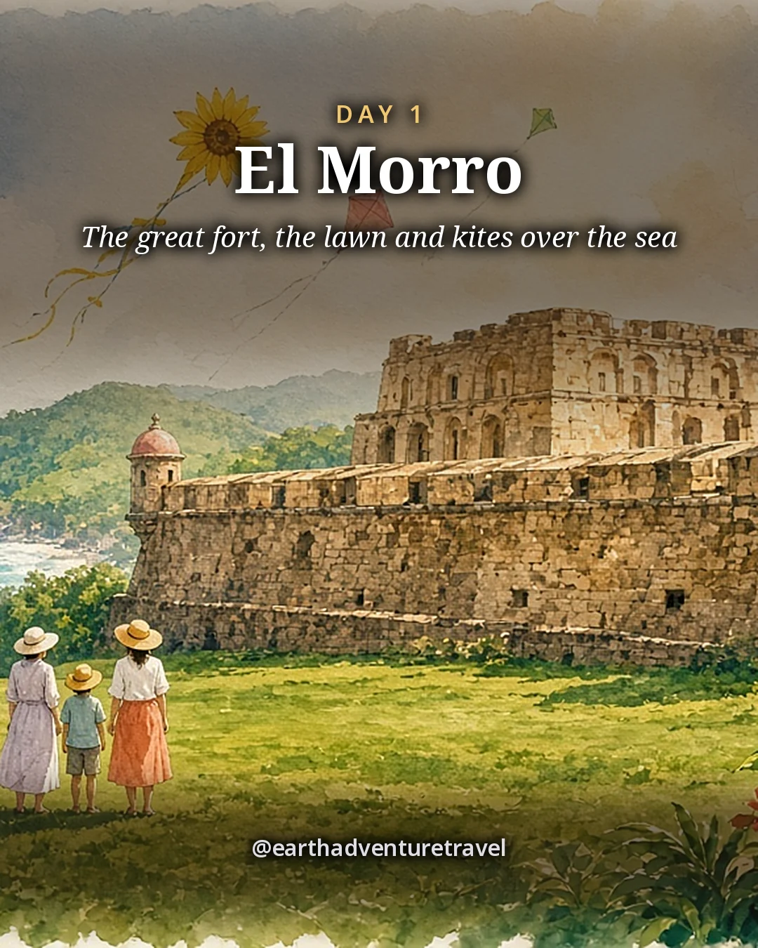 Illustration: a great stone fortress with sentry boxes on a wide green lawn above the sea, kites in the sky, illustrated day card for Day 1
