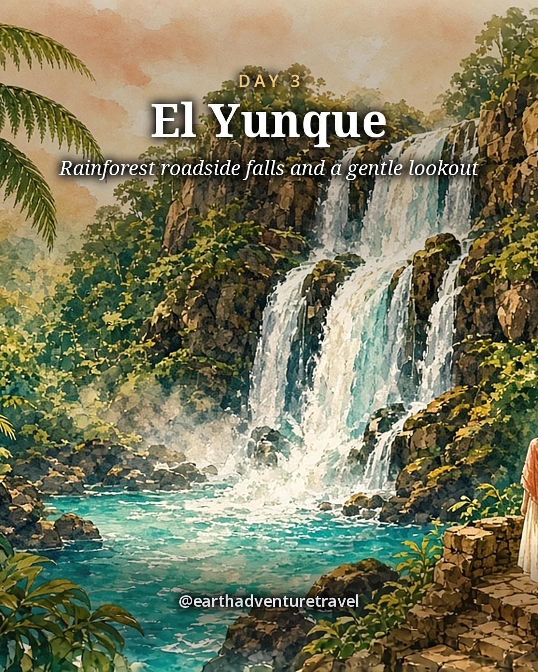Illustration: a lush rainforest waterfall tumbling down dark rocks among giant ferns and palms, illustrated day card for Day 3