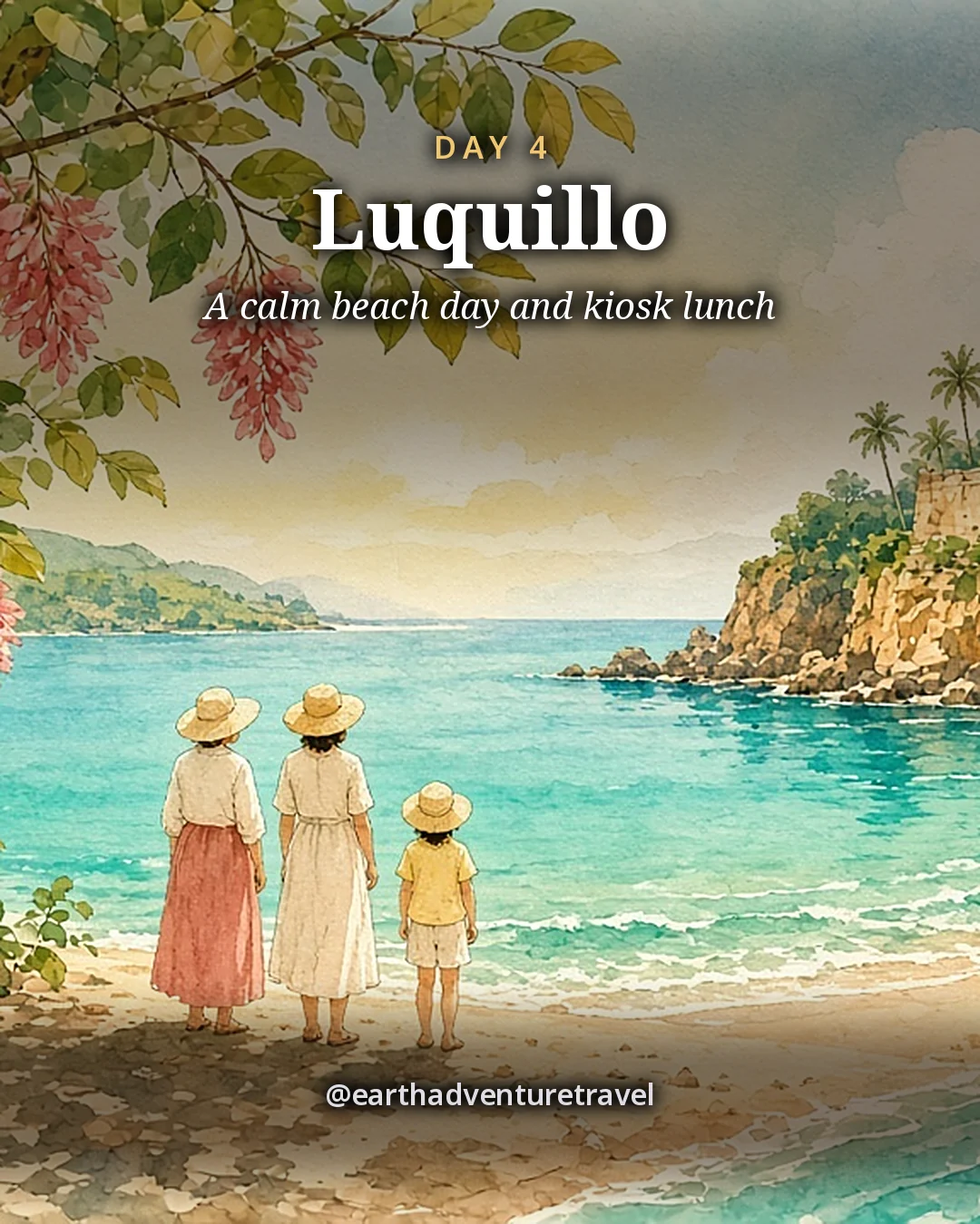 Illustration: a calm palm-fringed crescent beach with gentle turquoise water and shady almond trees, illustrated day card for Day 4