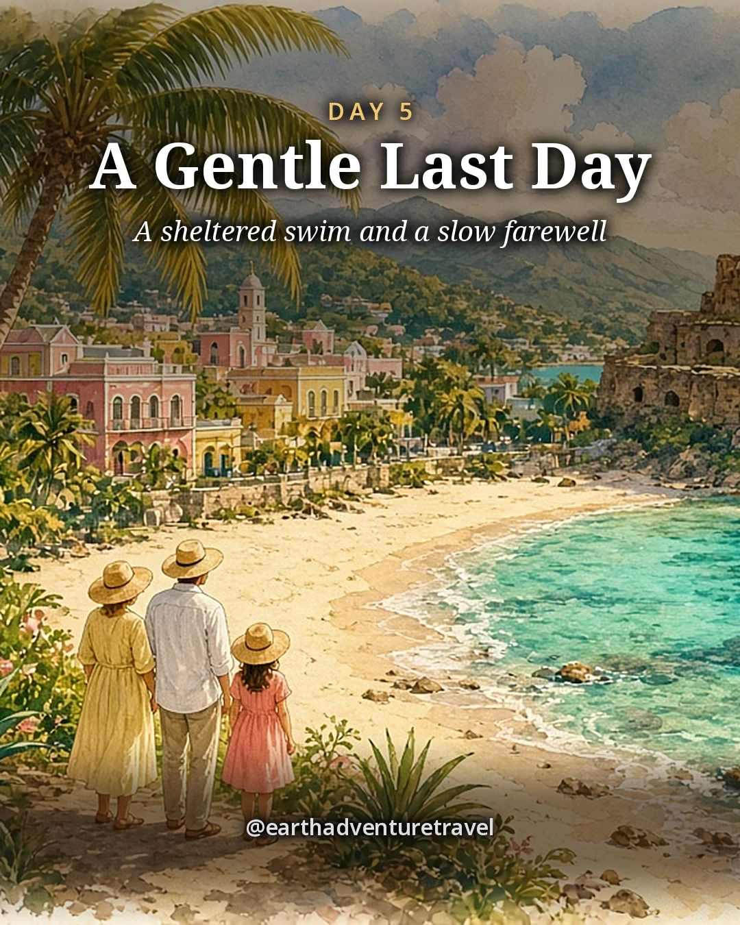 Illustration: a sheltered city beach with a reef-calmed lagoon, palms and an old stone fort ruin on the point, illustrated day card for Day 5