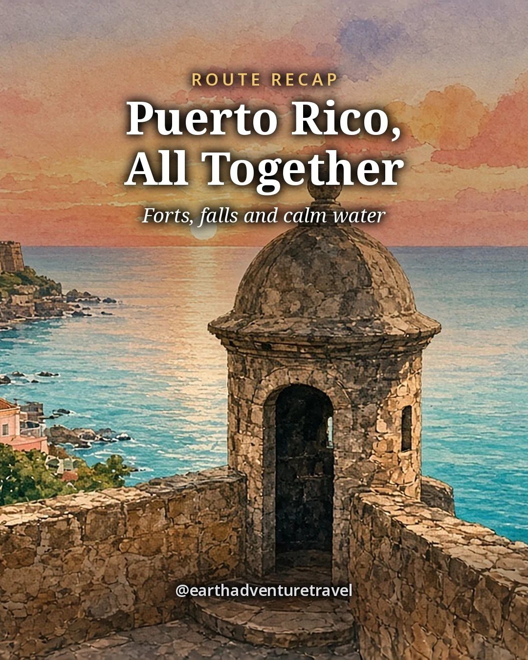 Illustration: an old stone sentry box on a fort wall above the turquoise sea at sunset, original illustrated recap card
