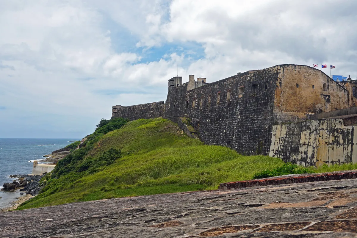 A panorama of Castillo San Cristóbal’s walls above San Juan