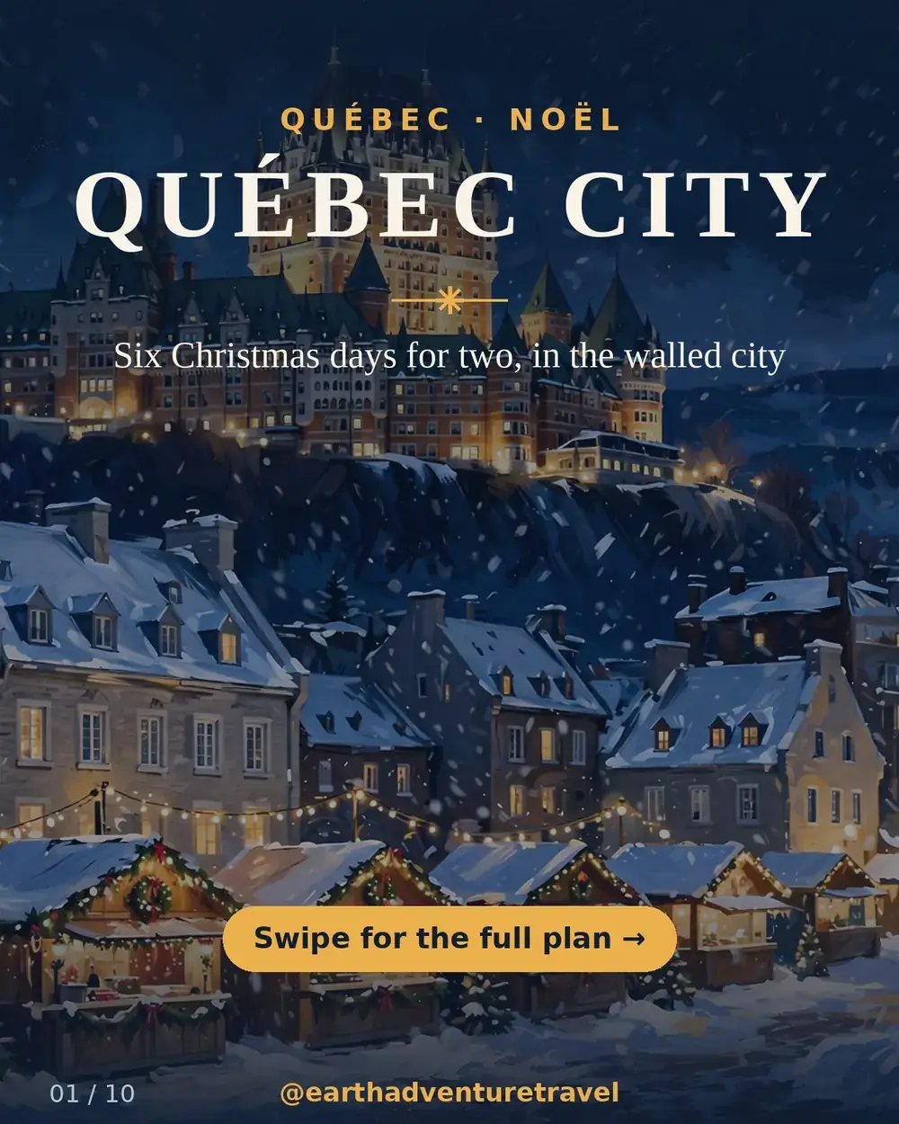 Illustrated Quebec City Christmas guide cover: Château Frontenac and market chalets in snow
