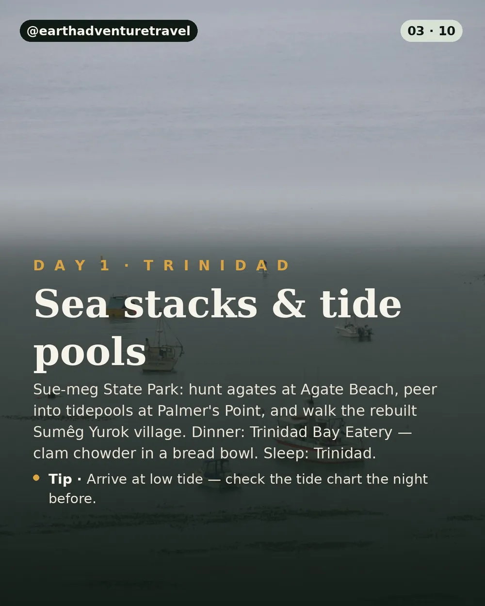 Day 1 itinerary card: Trinidad coast — sea stacks and tide pools