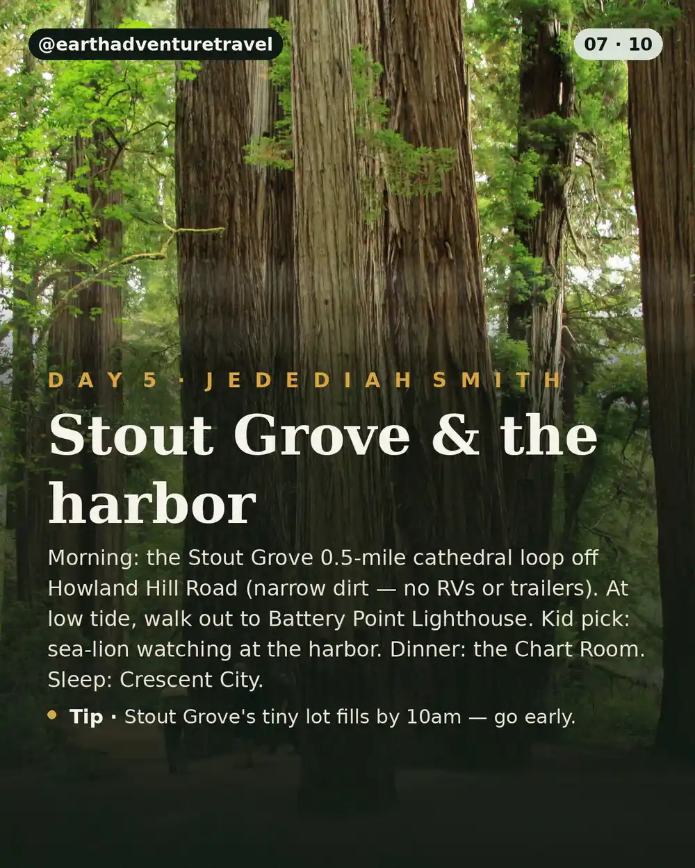 Day 5 itinerary card: Stout Grove and Crescent City