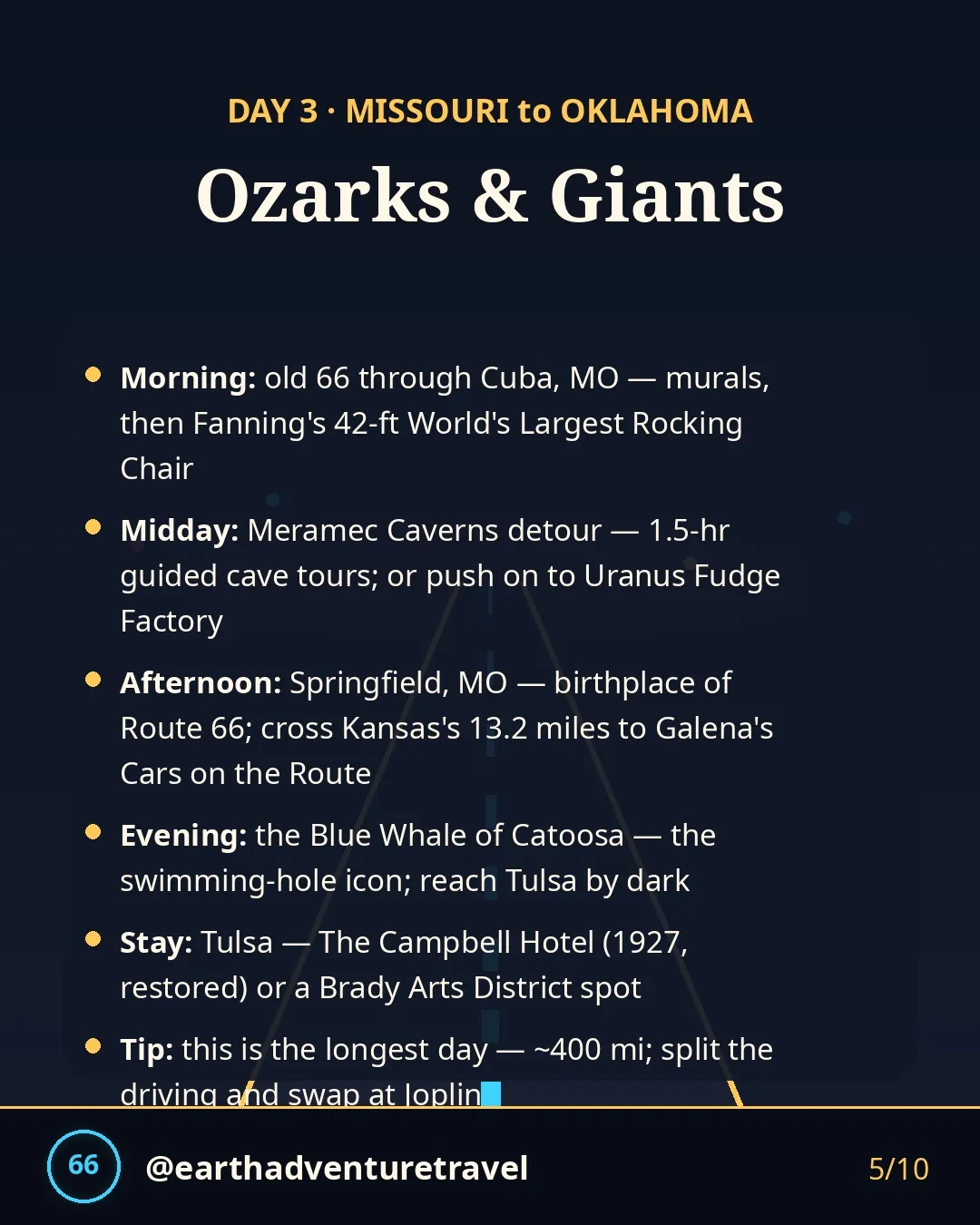 Day 3 graphic: the Ozarks to Tulsa