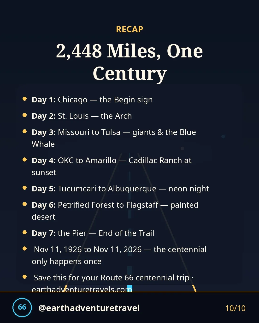 Saveable recap graphic for the seven-day Route 66 centennial route