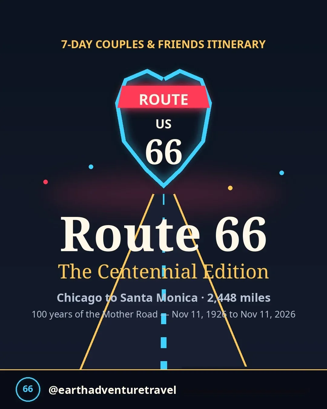 Route 66 centennial itinerary artwork: neon highway shield on asphalt at night