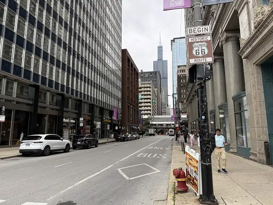The Historic Route 66 Begin sign on Adams Street in Chicago