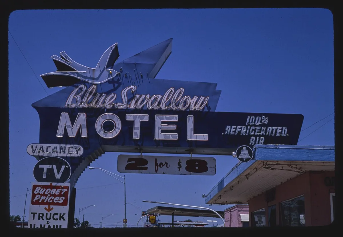 The historic Blue Swallow Motel sign in Tucumcari, New Mexico