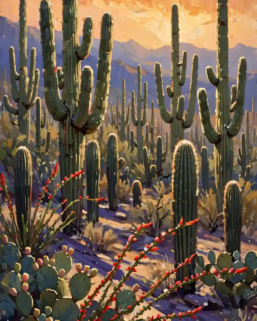 Illustrated Saguaro family guide cover: a dense saguaro cactus forest in the Sonoran Desert at golden hour