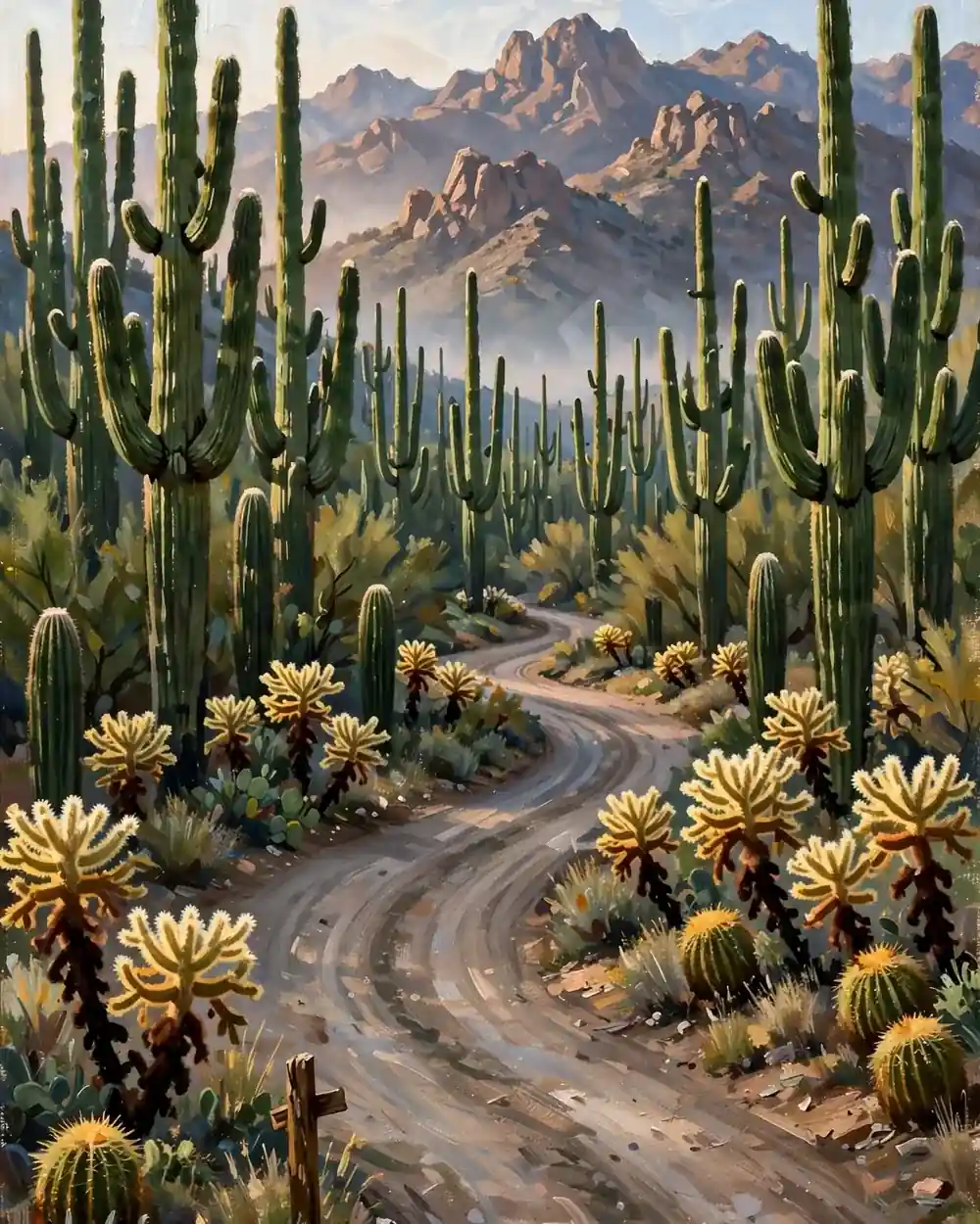 Day 2 graphic: the Bajada Loop Drive through a dense saguaro forest at morning