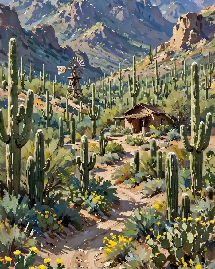 Day 3 graphic: a dirt road through the Rincon Mountain District with a windmill and visitor center