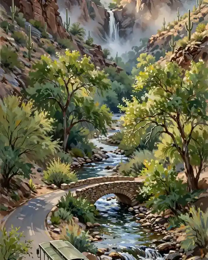 Day 4 graphic: a shuttle tram beside a sparkling creek in Sabino Canyon