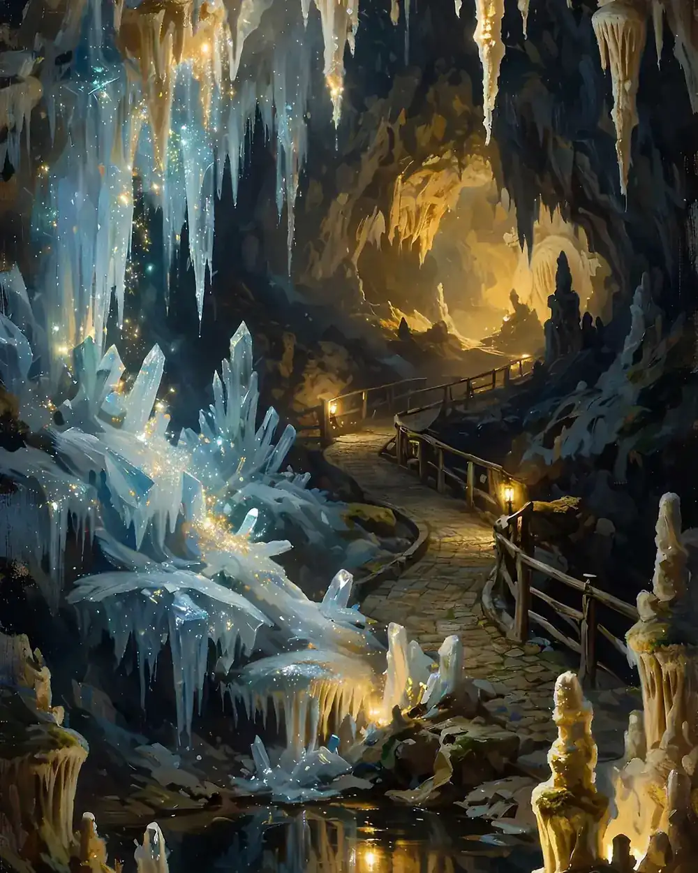 Day 5 graphic: a glowing limestone cavern chamber with a railed trail