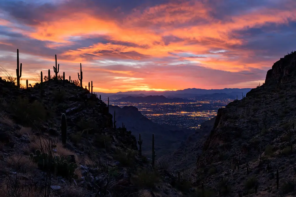 Sunset over Gates Pass with saguaro silhouettes and Tucson city lights