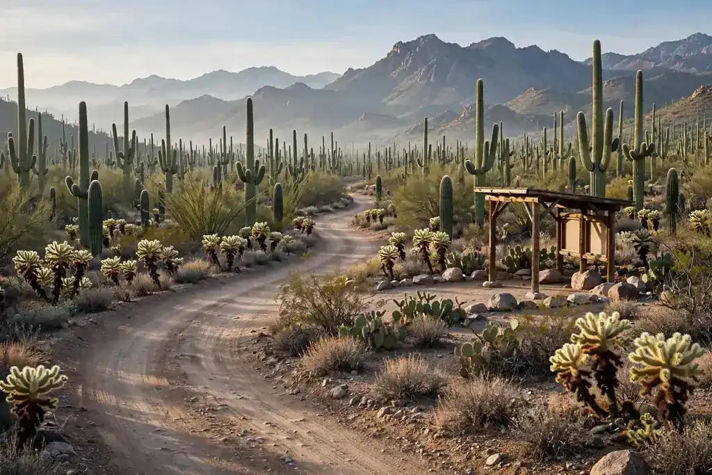 The Bajada Loop Drive through a dense saguaro forest in Saguaro National Park West