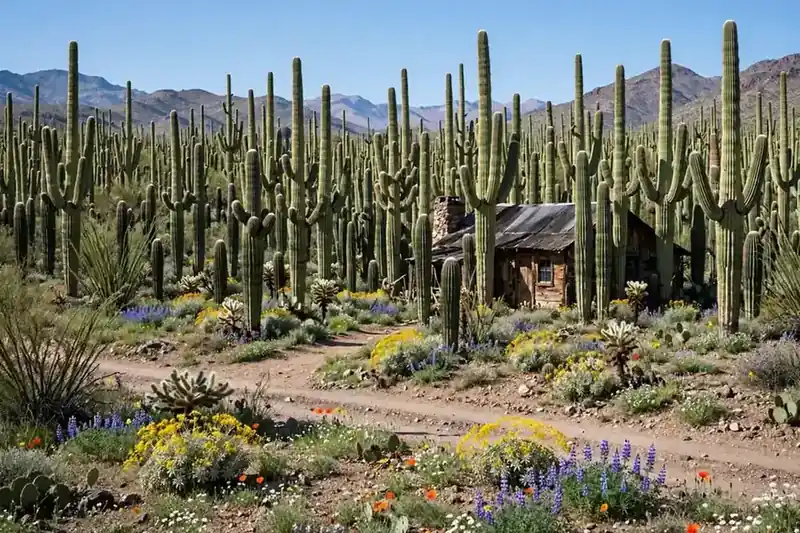 Dense saguaro cactus forest along the Cactus Forest Loop in Saguaro National Park East