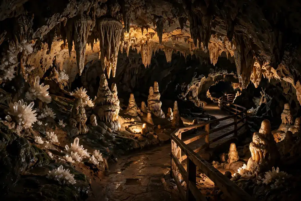 Glowing stalactites and stalagmites inside Kartchner Caverns