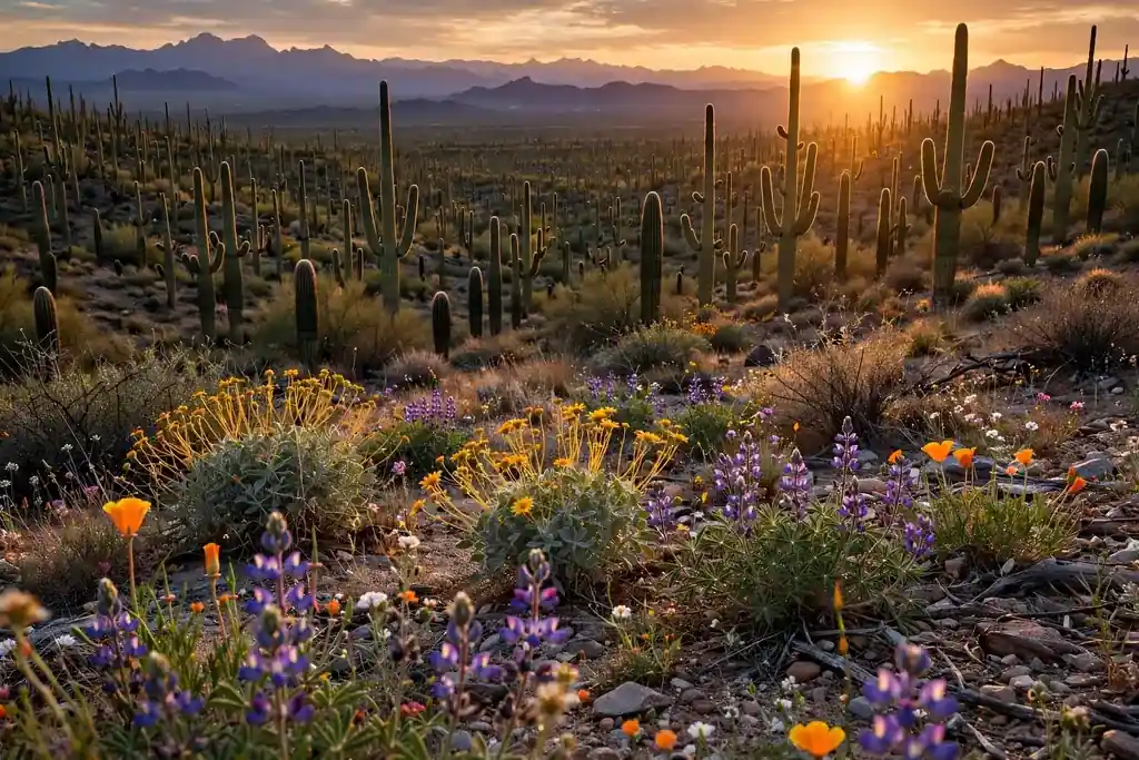 A forest of giant saguaro cacti in Saguaro National Park at golden hour