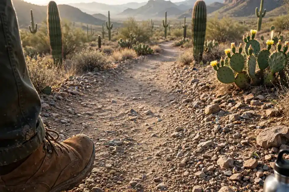 A gravel desert hiking trail between saguaro cacti in Saguaro National Park
