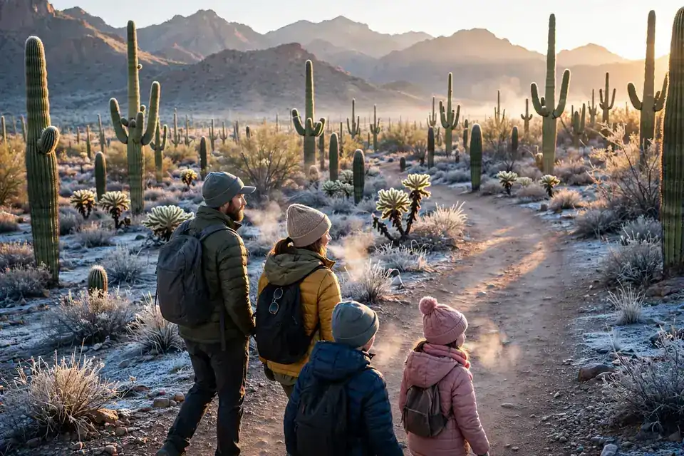 Family hiking a desert trail on a crisp winter morning wearing jackets and hats