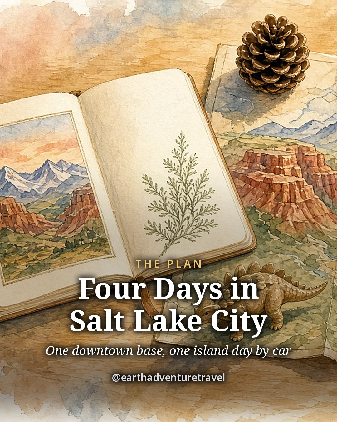 Illustration: the four-day Salt Lake City plan card, an open sketchbook with a pine cone and red-rock hills
